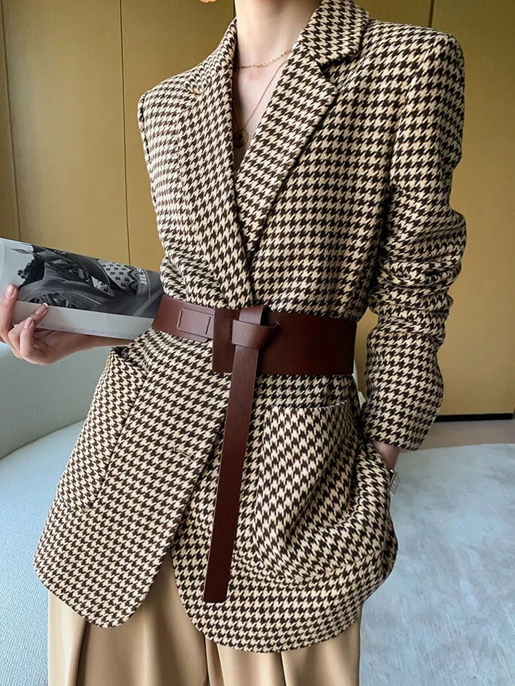 Autumn Women Vintage Houndstooth Woolen Blazer Jackets Fashion Elegant Casual Outerwear Coat With Belt Female jacket with free belt