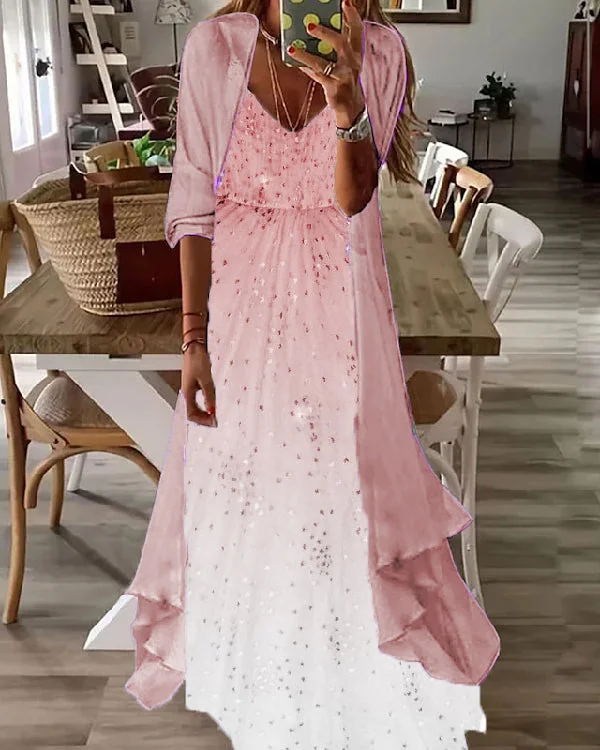 Fake Two Piece Casual V-neck Printed Maxi Dress S-5XL