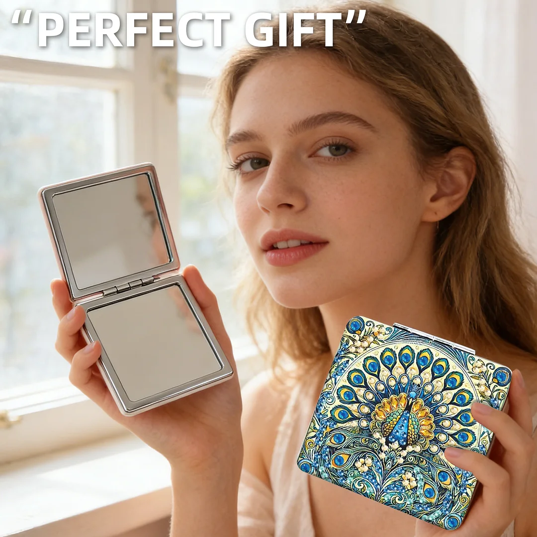 Blue Peacock DIY Special Shaped Diamond Painting Compact Mirror Kits Diamond Art Painting Pocket Mirror for Adults and Beginners