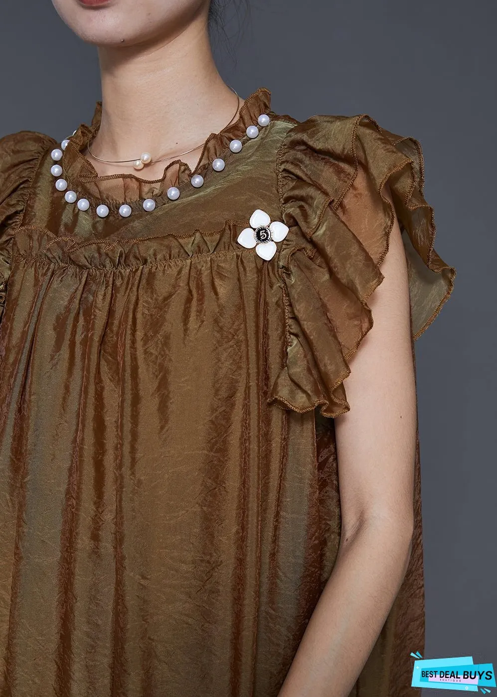 Stylish Brown Nail Bead Ruffled Silk Vacation Dress Summer
