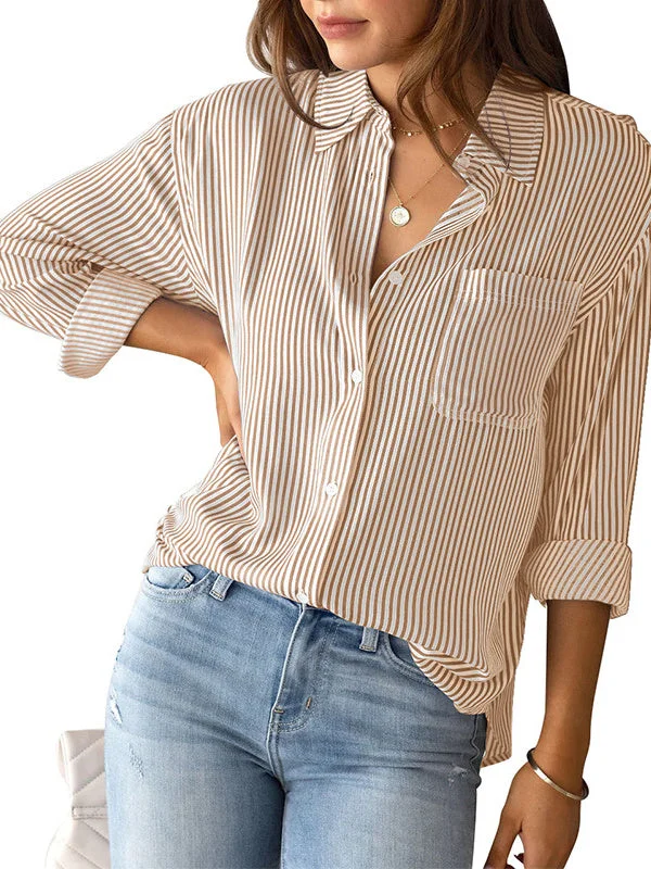 Women plus size clothing Women's Long Sleeve V-neck Striped Tops-Nordswear