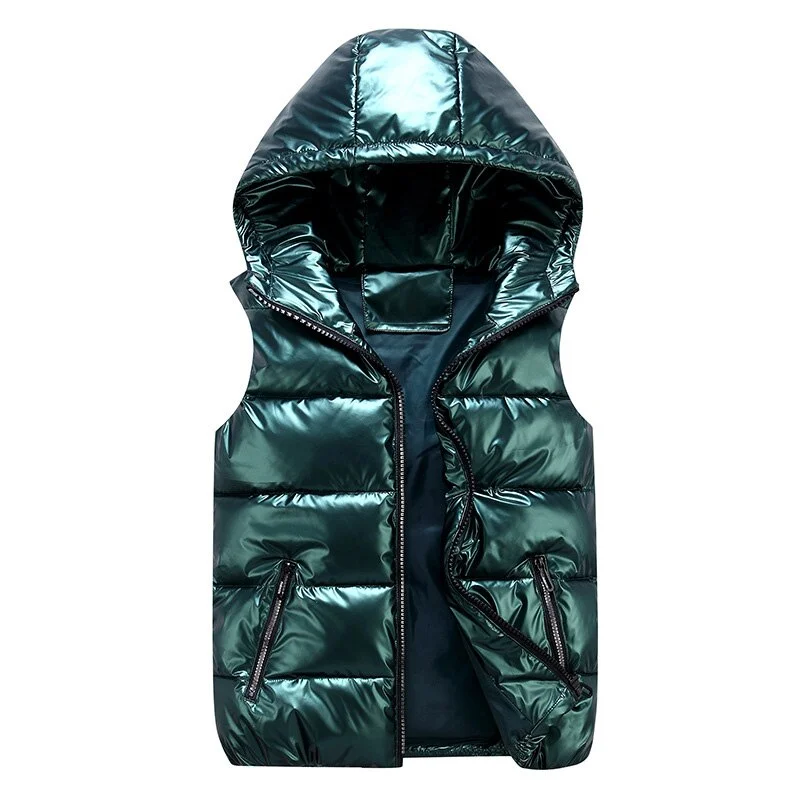 Black Vest Jacket Women Winter Hooded Sleeveless Coats For Women Short Bright Vest Cotton Padded Zipper Jacket Female Waistcoat