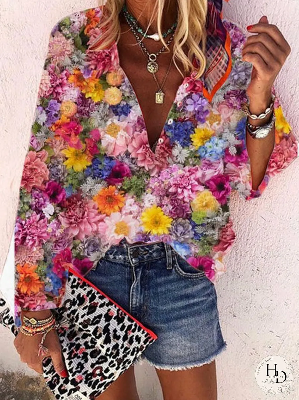 Casual Floral-Print Long Sleeve Tops