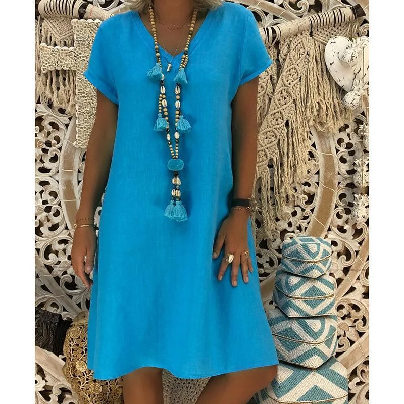 Women's V-neck Solid Casual Dress Loose Dress