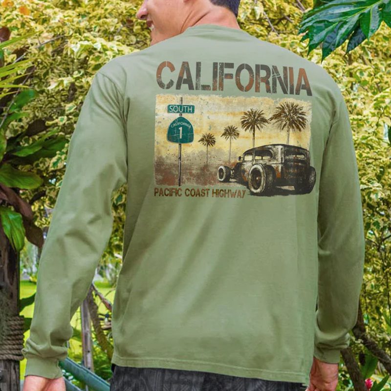 Men's Surfing Long Sleeved Round Neck Beach California Printed T-shirt