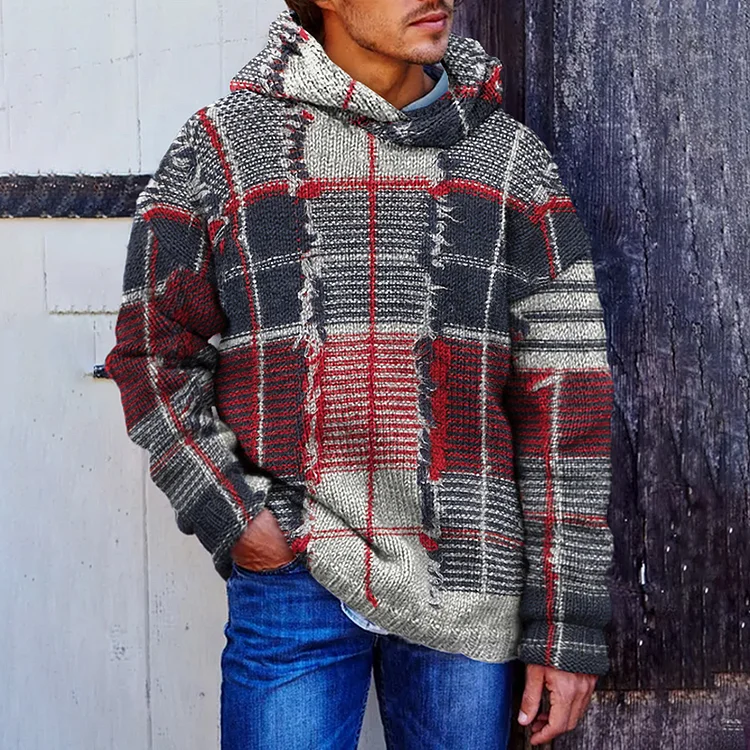 VChics Men'S Vintage Knitted Jacquard Cozy Hoodie Sweater