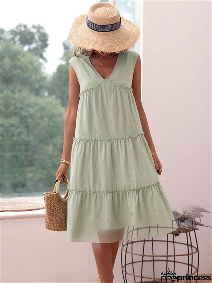Sleeveless V-Neck Linen Light Green Dress