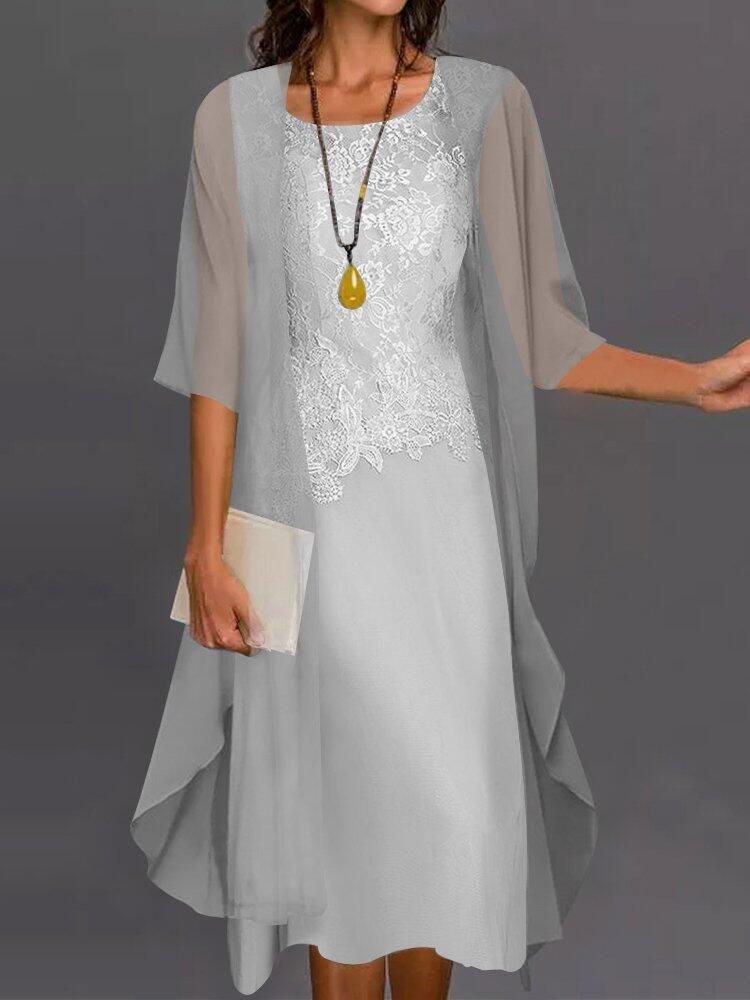 Women's Dress Round Neck Embroidery Mesh Half Sleeve Midi Dress
