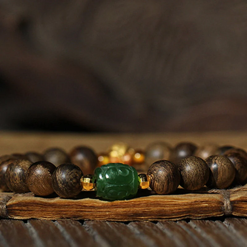 999 Gold Brunei Agarwood Cyan Jade Lotus Flower Peace Strength Bracelet