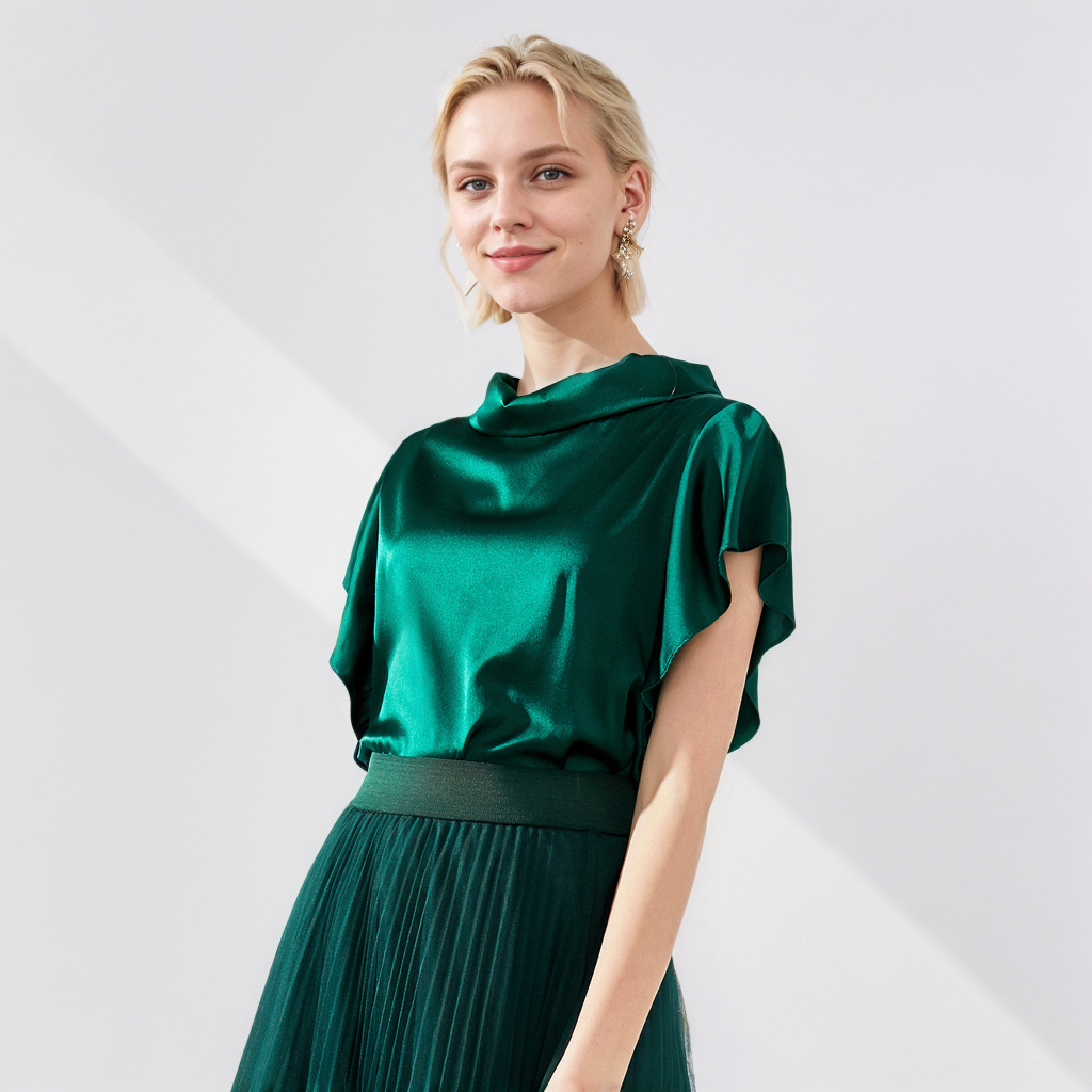Dark Green Silk Blouse with Piled Collar for Casual Business Metting REAL SILK LIFE