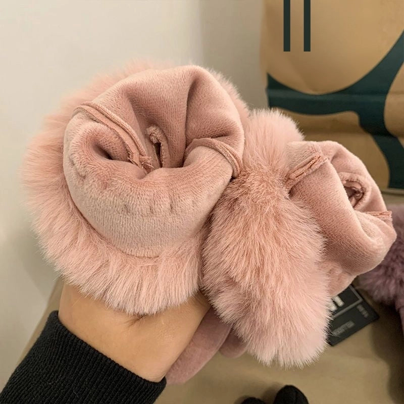 De Fluff Mouth Women’s Gloves Warm Windproof Riding Fleece-lined Thickened Outdoor Winter Finger Gloves