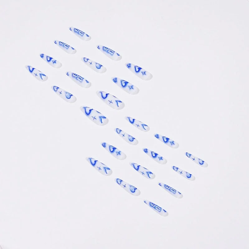24pcs/Set Press On Nails Extra Long Blue Ink Heart Pattern Coffin Fake Nails Removable Ballerina Nail Accessory Art Full Tips-Nail Inspo
