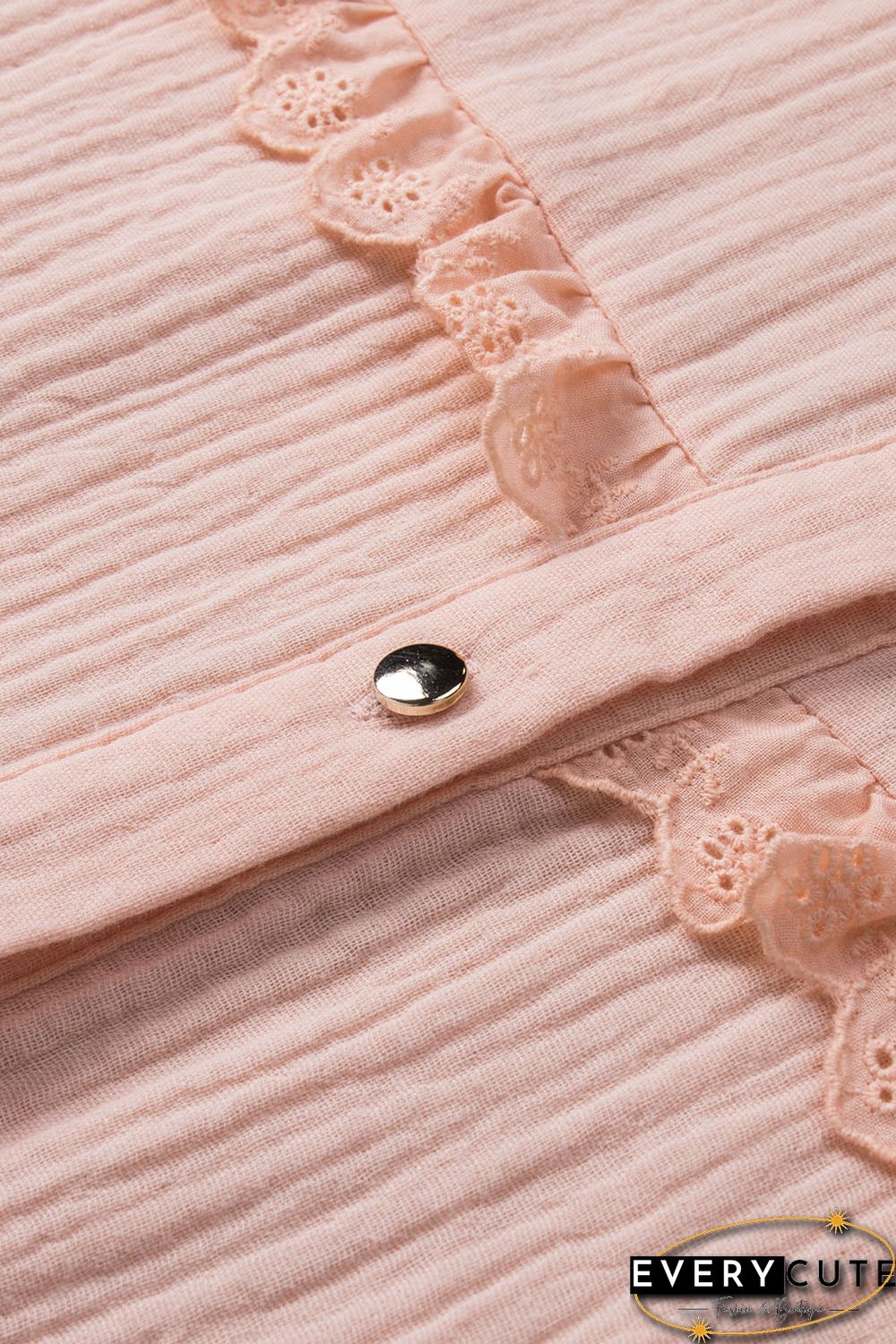 Pink Buttoned Lace Splicing Ruffle Textured Short Sleeve Shirt