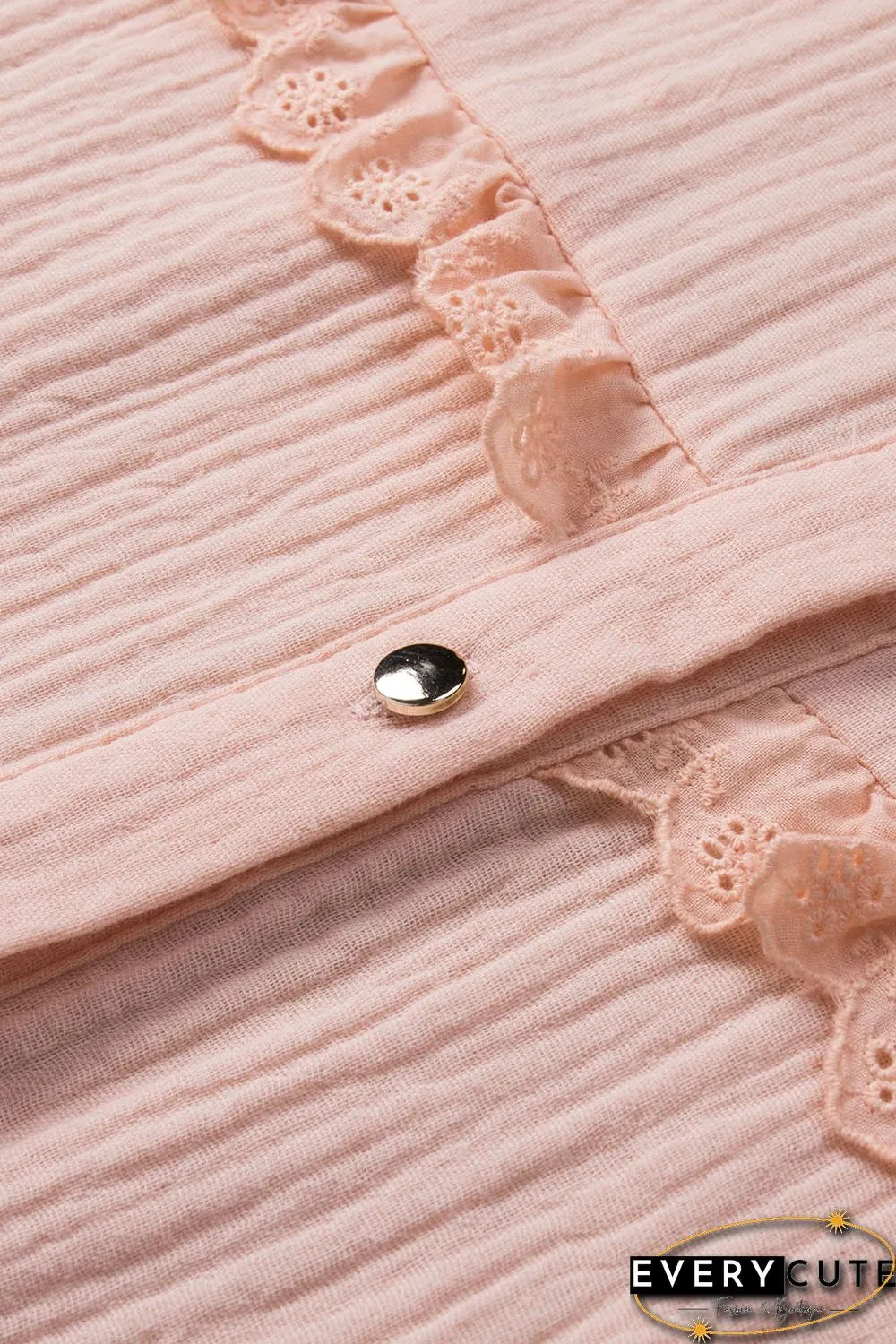Pink Buttoned Lace Splicing Ruffle Textured Short Sleeve Shirt
