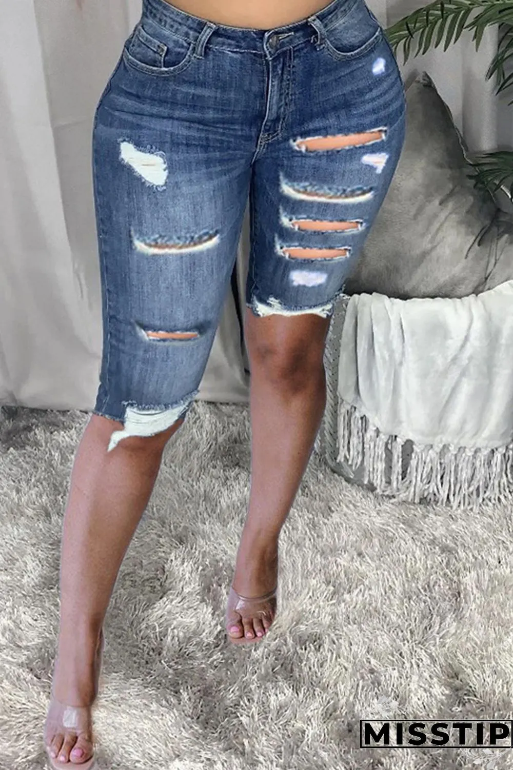 Dark Blue Fashion Casual Solid Ripped High Waist Regular Jeans