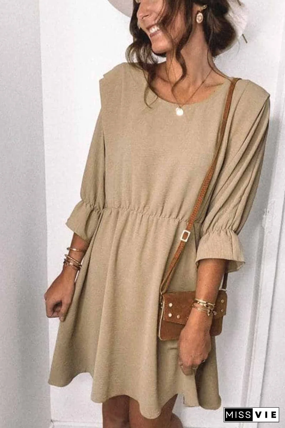 Urban Casual Round Neck Sleeves Mini Dress