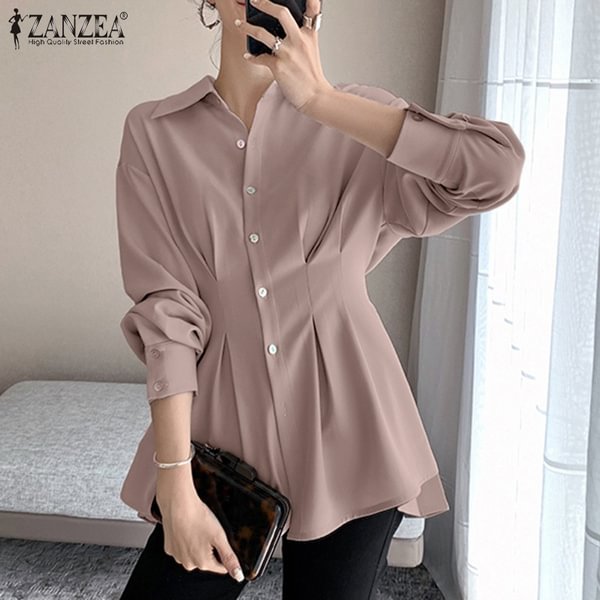 ZANZEA Spring Autumn Elegant Office Pleated Blouse Women Long Sleeve Collect Waist Pleated Tops Shirts - Life is Beautiful for You - SheChoic