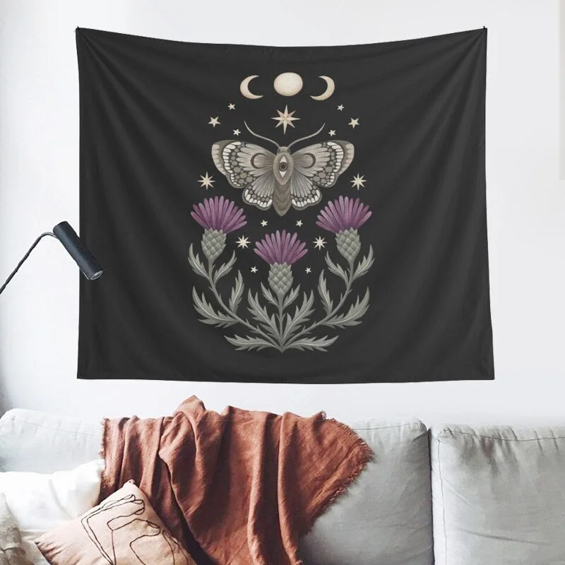 Moon Flower Butterflies Tapestry Wall Hanging Tapestry Boho Celestial Floral Aesthetic Black Art Blanket For House Decoration