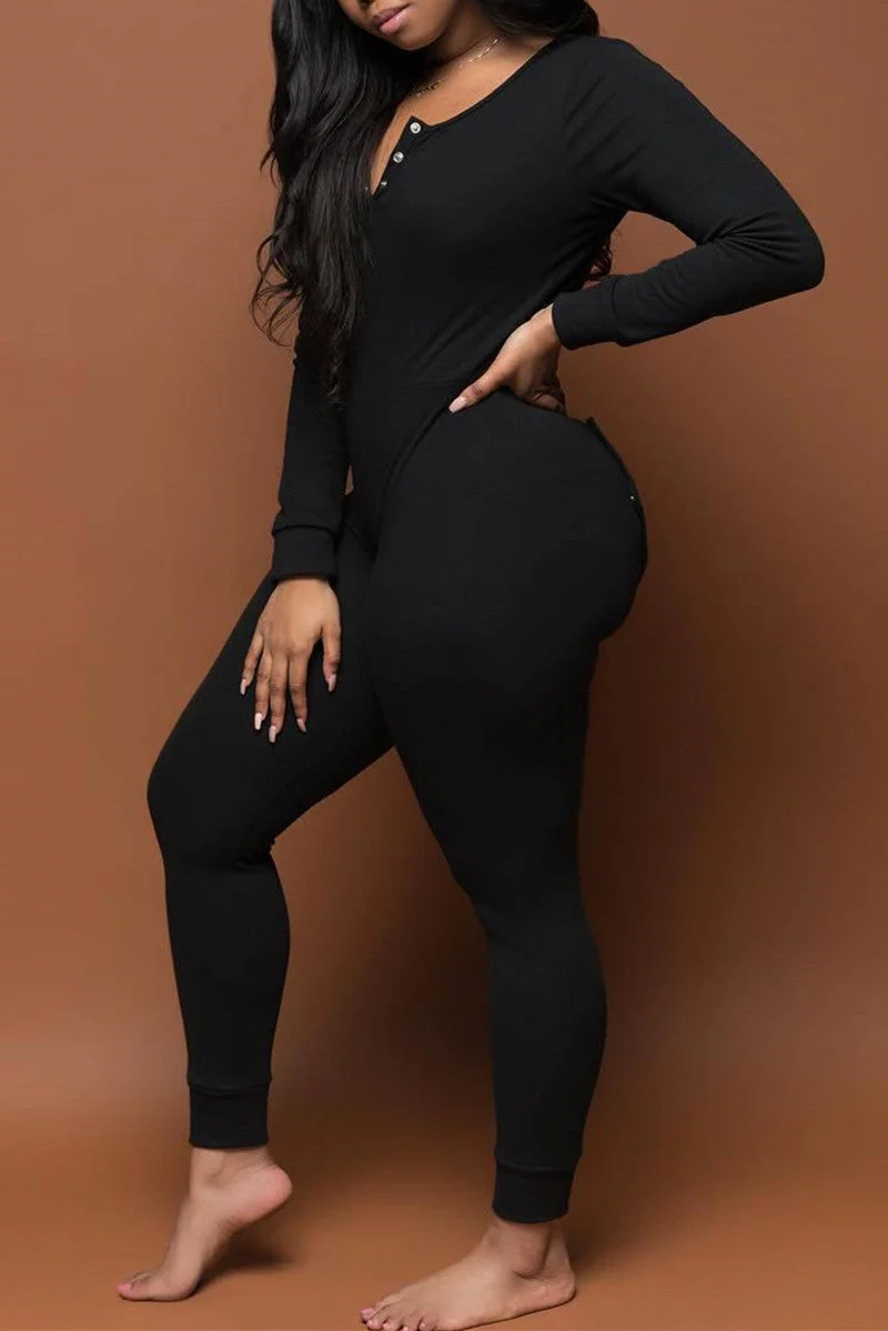 Casual Living Solid Split Joint V Neck Skinny Jumpsuits