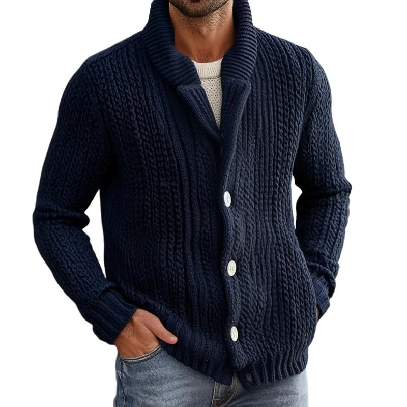 Men's Retro Knitted Cable Stand Collar Single Breasted Casual Cardigan