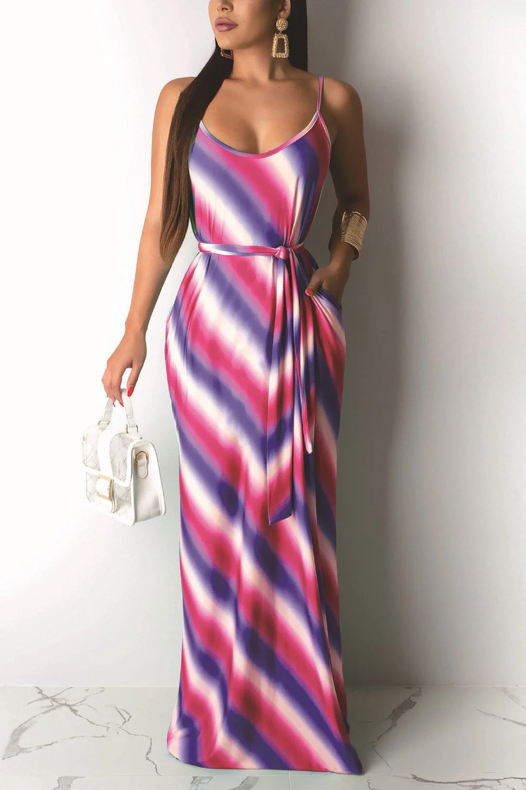Casual Striped Print Strap Dress (With Belt)