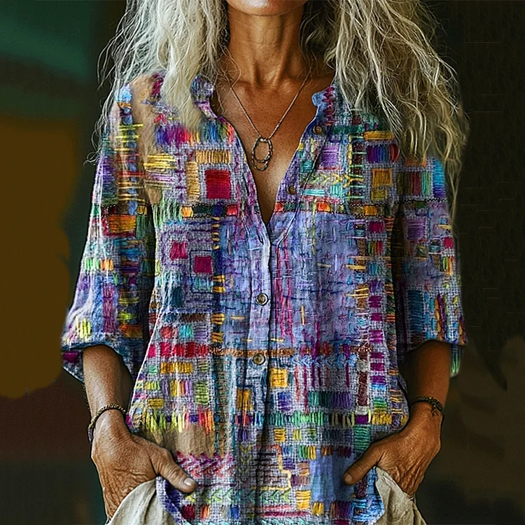 Women's Retro Ethnic Style Patchwork Art Print Casual Cotton And Linen Shirt
