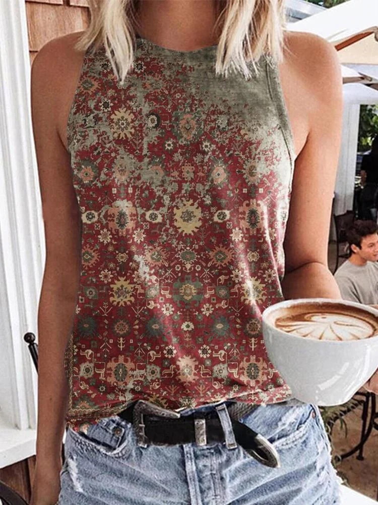 Women Western Tribal Vintage Graphic Floral Cotton-Blend Sleeveless Halter Neck Tank Shirts & Tops