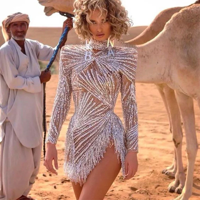 Mongw Mongw 2025 New Women's Sexy Long Sleeve Dress Sprinkled Gold Silver Espoo Fork Evening Dress