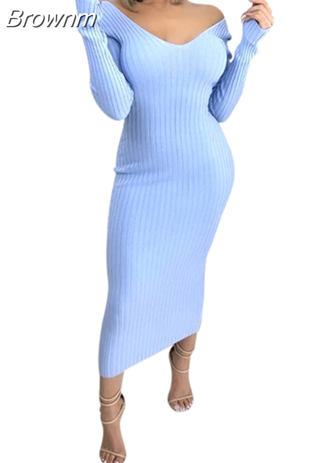 Brownm Winter Ribbed Knitted Cotton Dress Women Off Shoulder Long Sleeve Sexy Bodycon Dresses Elastic Slim Party Vestidos 2023