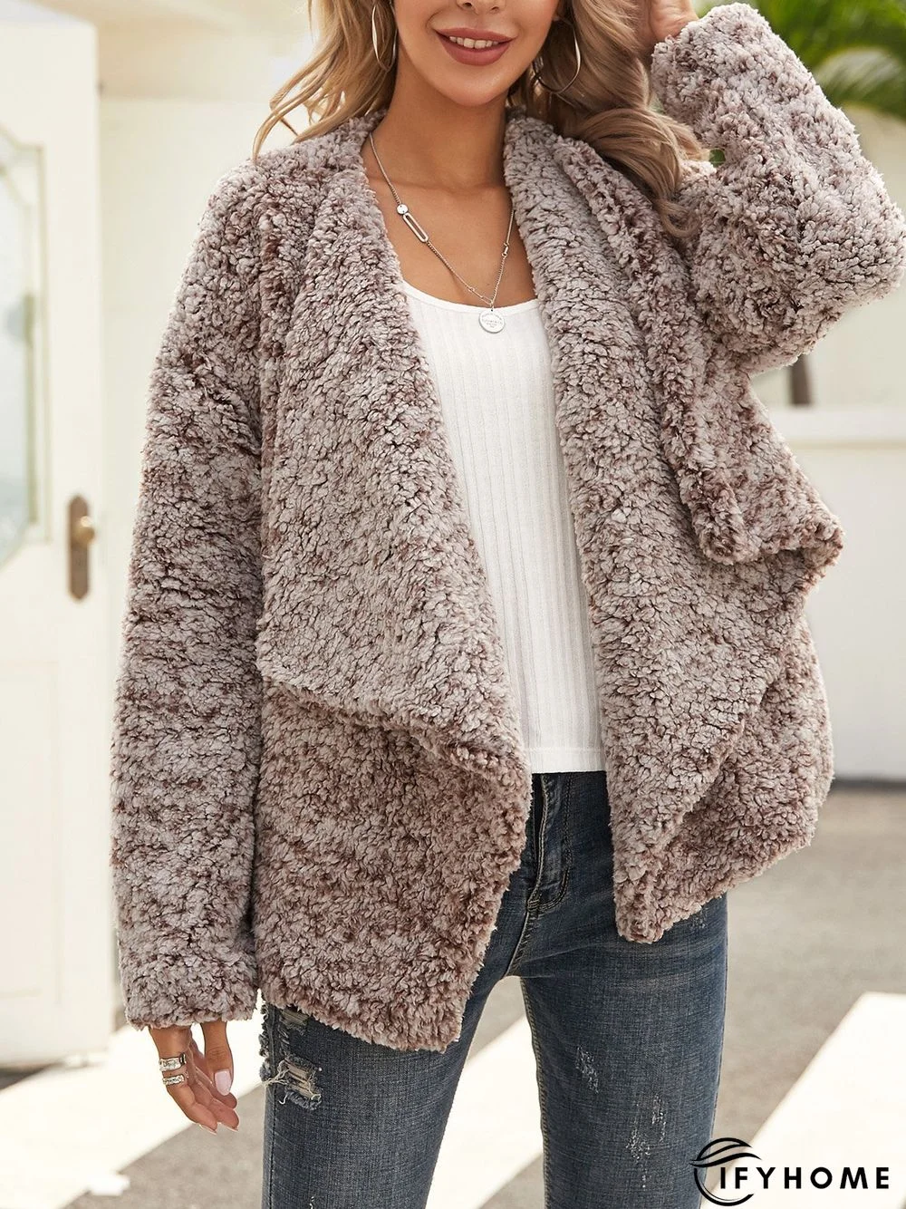 Brown V Neck Cotton-Blend Long Sleeve Plain Jacket | IFYHOME