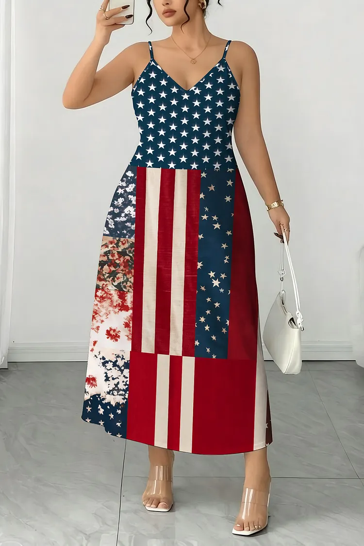 Plus Size Vacation Blue Cami American Flag Graphic Floral Print Midi Dress 2024 - Xpluswear