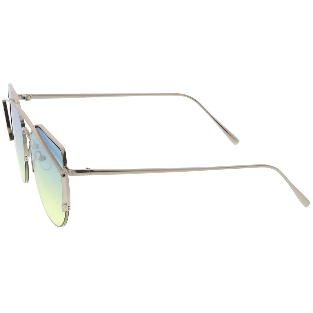 Women's Semi Rimless Metal Brow Bar Round Colored Flat Lens Cat Eye glasses