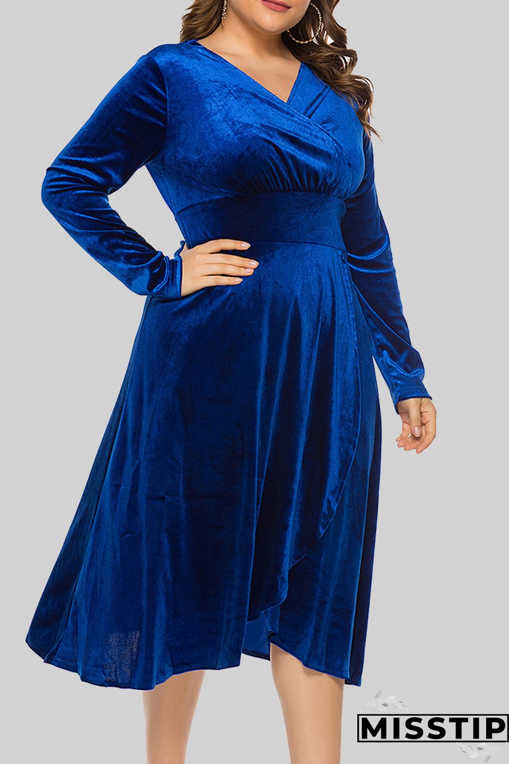 Burgundy Casual Solid Patchwork V Neck Long Sleeve Plus Size Dresses