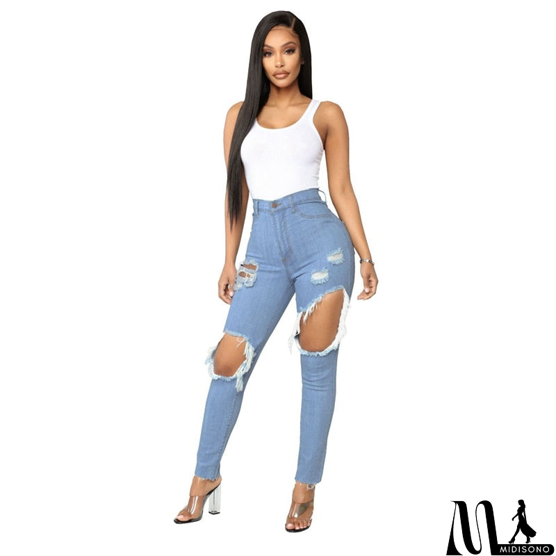 MidiSono - Sexy Hole high waist jeans Women Fashion Ripped Pencil denim jeans ladies Summer Casaul skinny jeans calca jeans boyfriend jeans