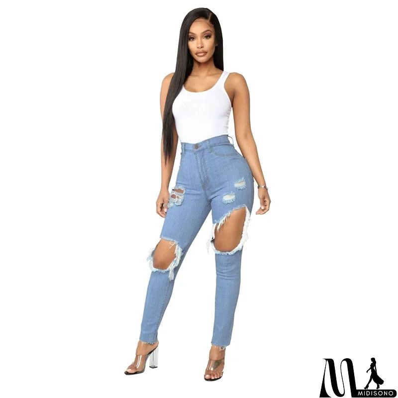 MidiSono - Sexy Hole high waist jeans Women Fashion Ripped Pencil denim jeans ladies Summer Casaul skinny jeans calca jeans boyfriend jeans