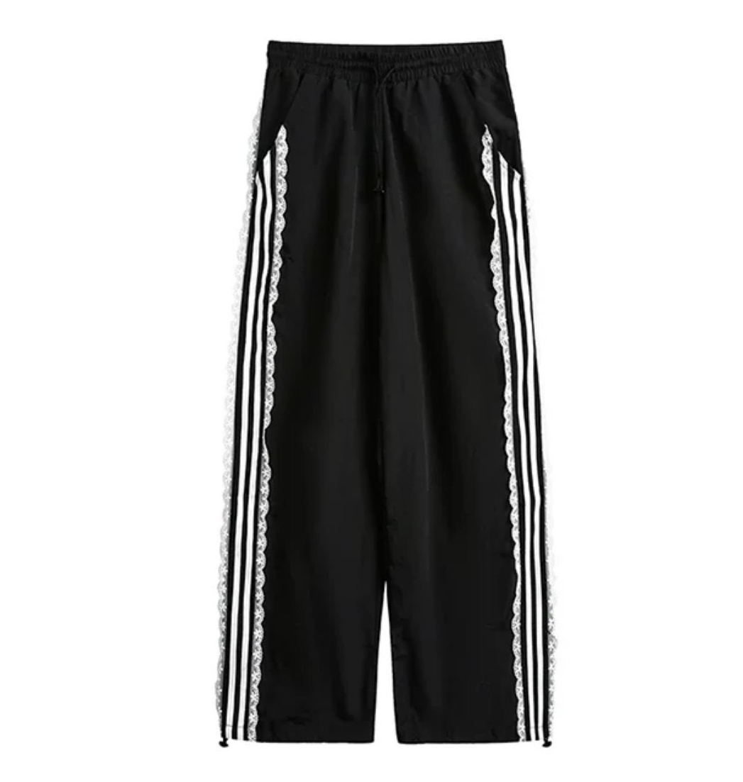Myopiclunacy fall outfits women 2025 Y2k Harajuku Streetwear Wide Leg Pants Women American Retro Sweet Striped Lace Patchwork Oversize Sweatpants Summer