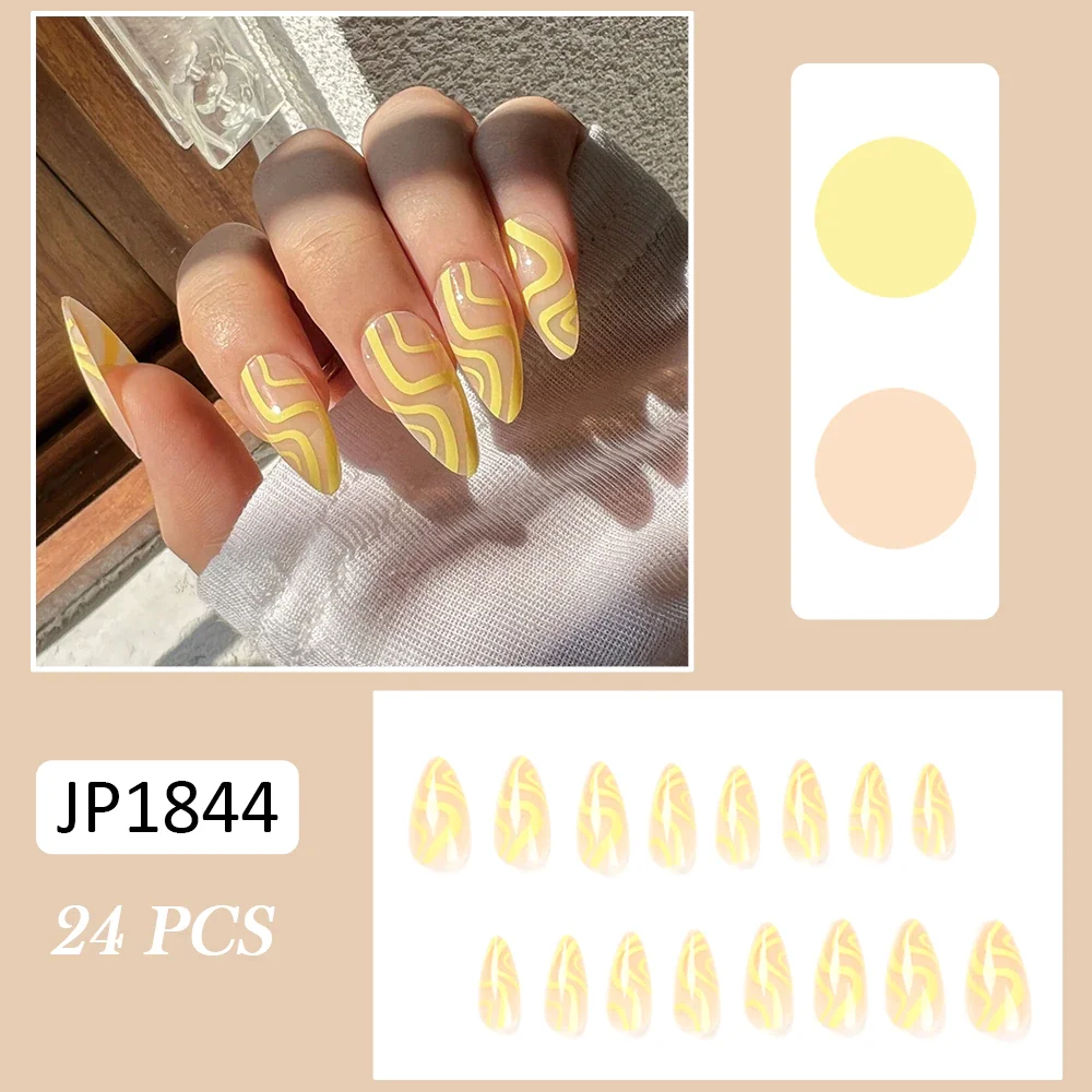 Churchf Yellow Wave Printed Fake Nails Pointed Head Long Paragraph Removable Fashion Manicure Set Full Cover False Nails Patch