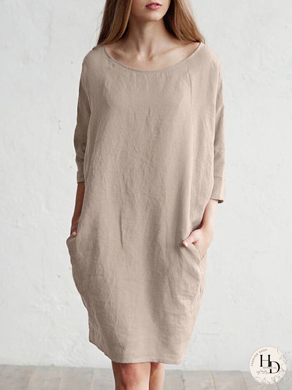 Solid Color 3\/4 Sleeve O-neck Pocket Cotton Dress