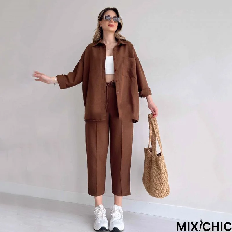 Plus Size Women's Fall Casual Loose Shirt Coat Cropped Sport Harem Pants Two-Piece Set