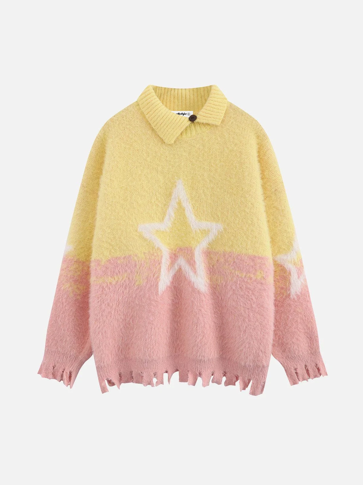 Yellow Asymmetric Polo Star Pastel Knit Sweater Front