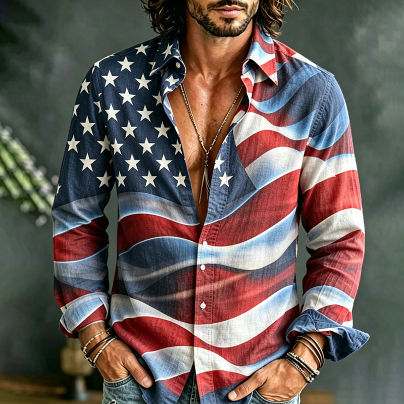  Men's Retro Independence Day Flag Print Casual Linen Shirt Westsshops