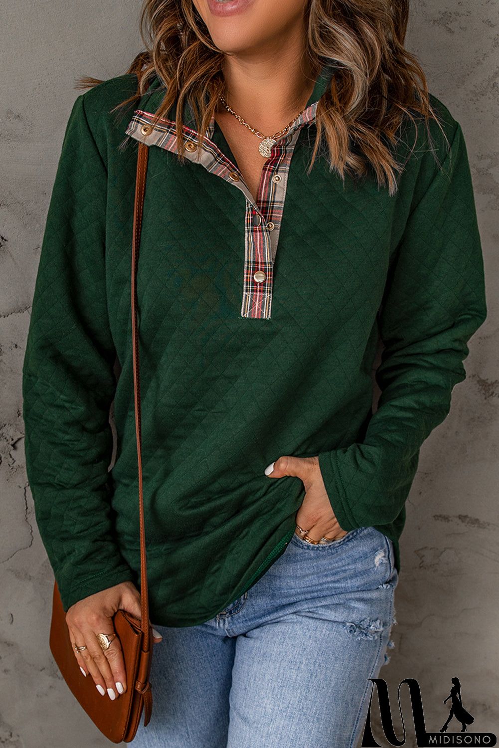 MidiSono - Geometric Texture Plaid Trim Sweatshirt