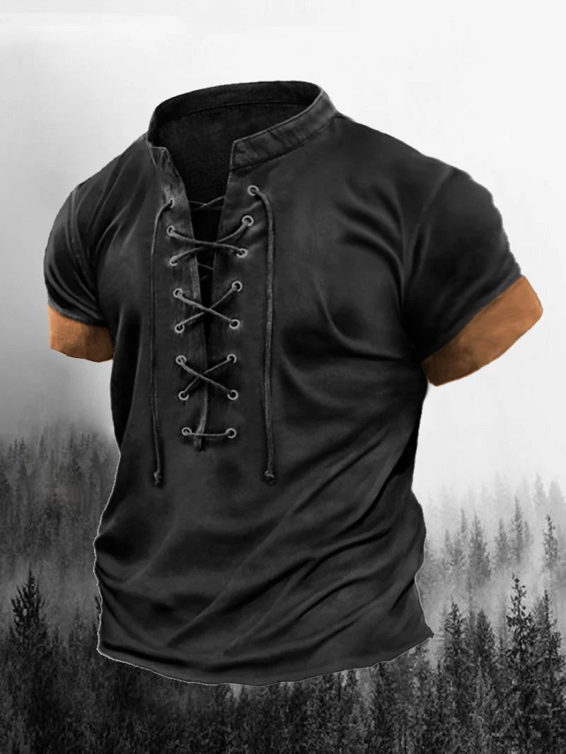 Men's Retro Lace up Casual Multicolor Short-Sleeved T-shirt in  mildstyles