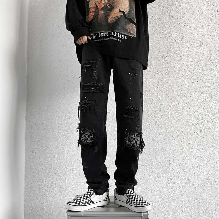 Paneled Ripped Jeans Loose Patched Denim Trousers at Hiphopee