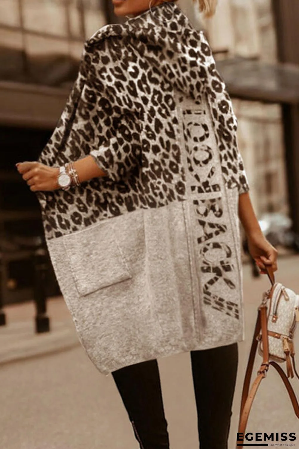 Light Gray Street Print Leopard Patchwork Hooded Collar Outerwear | EGEMISS