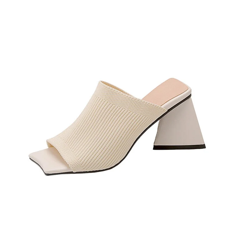 2022 Summer Thick Heel Middle Heel Sandals Stretch Knit Beige Yellow Women's Shoes Plus Size Slippers Sexy Fashion Women