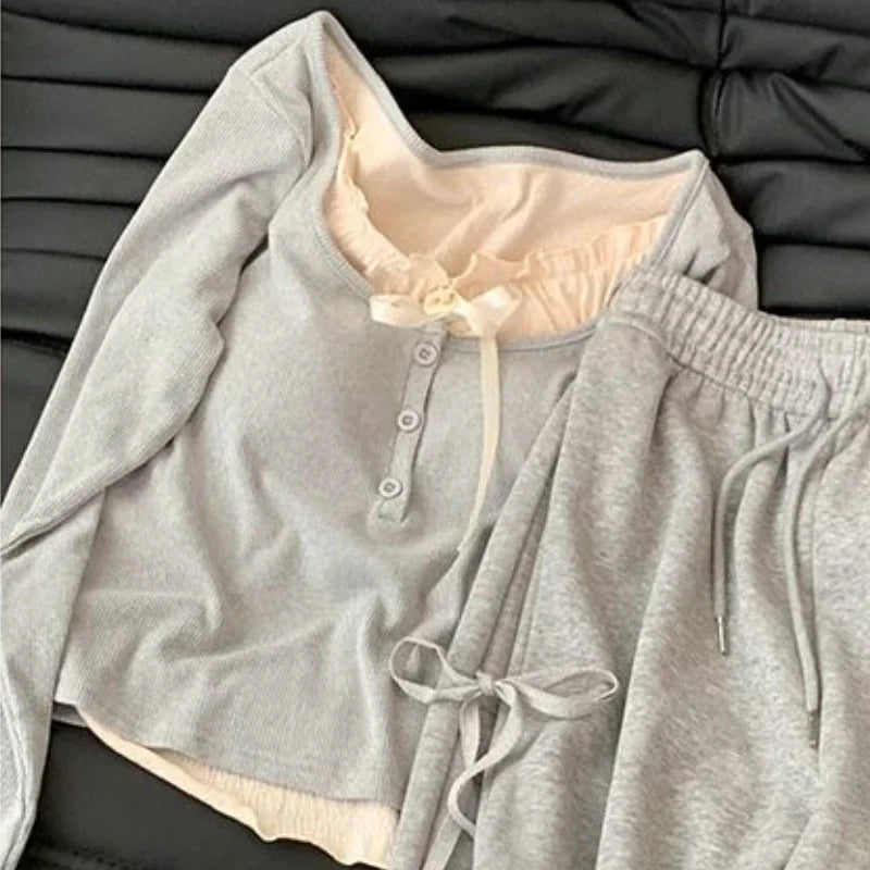 Aiertu Korean Spring Wear Grey Casual Top Female 2024 New Bow Design Super Sweet High Waist Slim Wide-leg Pants Two-piece Set Aiertu