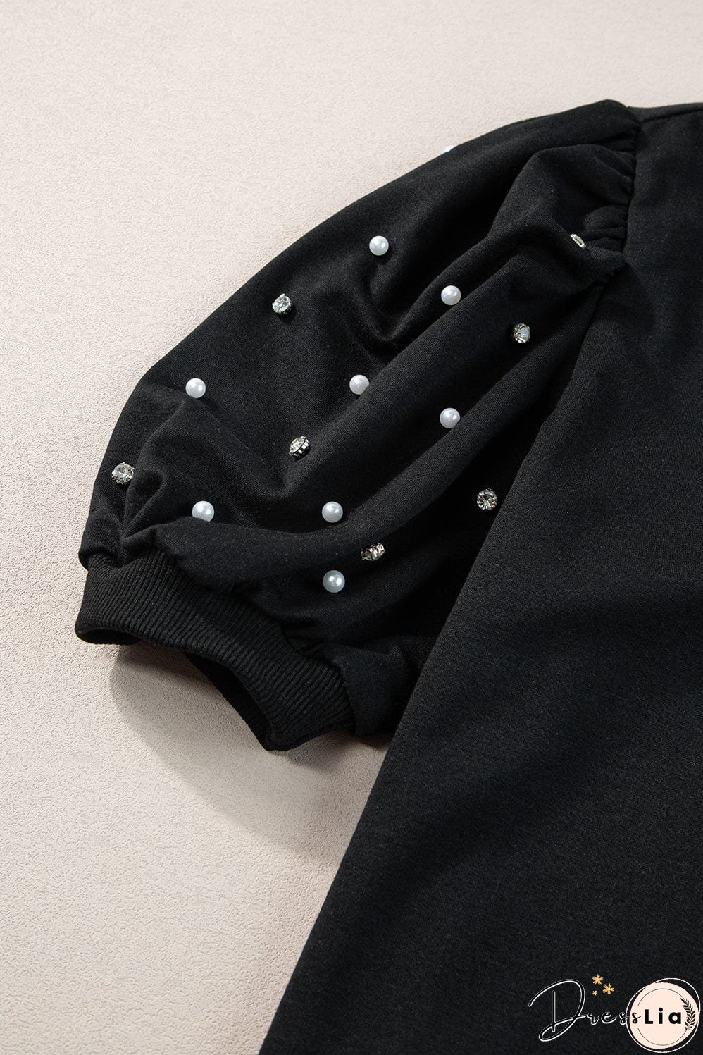 Elegant Black Rhinestone Pearl Embellished Puff Sleeve Blouse