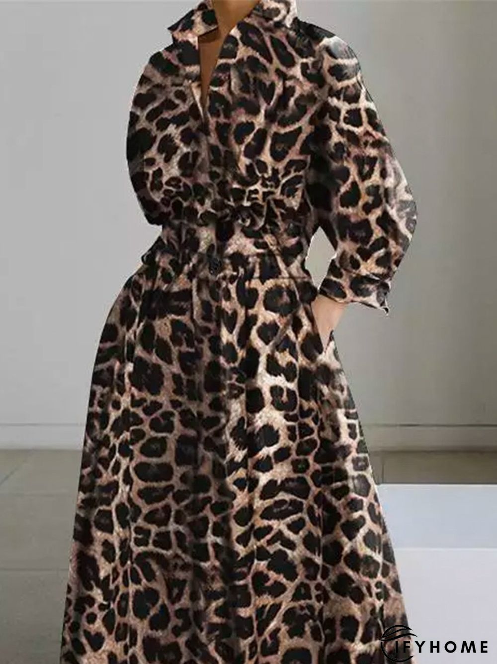 Daily Long sleeve Shirt Collar Urban Leopard Dress | IFYHOME