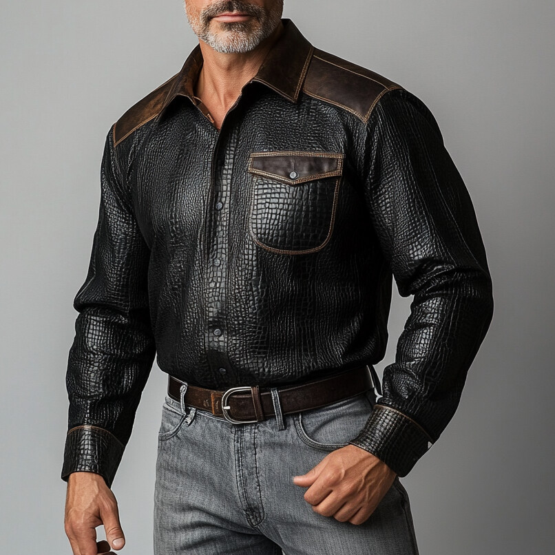 Men's Fashion Alligator Pattern PU Leather Button Long Sleeve Shirt
